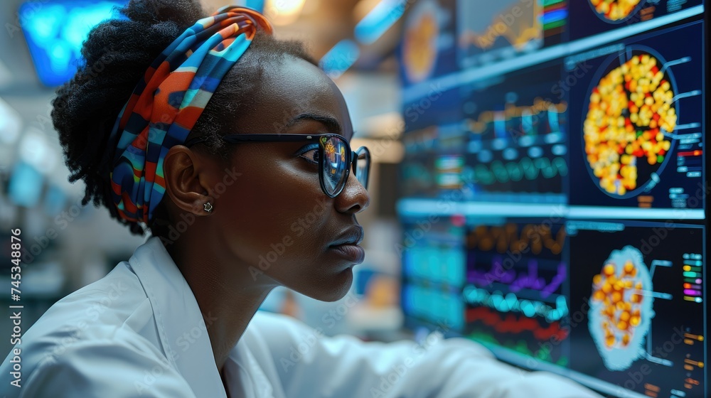 Fototapete A digital health professional engrossed in analyzing a complex data visualization on a large monitor, African woman. Generative AI.