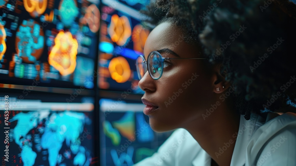 Leinwandbilder a digital health professional engrossed in analyzing a complex data visualization on a large monitor