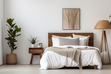 Interior of modern bedroom with white walls, wooden floor, white master bed with beige linen and vase with plant. 3d rendering