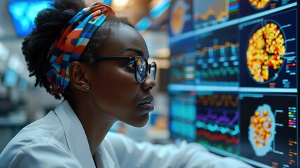A digital health professional engrossed in analyzing a complex data visualization on a large monitor, African woman. Generative AI.