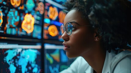 A digital health professional engrossed in analyzing a complex data visualization on a large monitor, African woman. Generative AI.