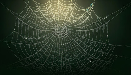 A dew-laden spider's web is gracefully suspended against a soft green background.Natural background concept.AI generated.