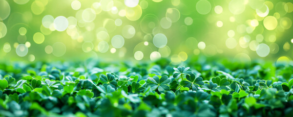 Saint Patrick’s day background. Field of four leaf clovers or shamrocks with soft focus bokeh. St. Paddy's Irish holiday greeting card, invitation, promotion or banner backdrop. 8k Wallpaper . - obrazy, fototapety, plakaty