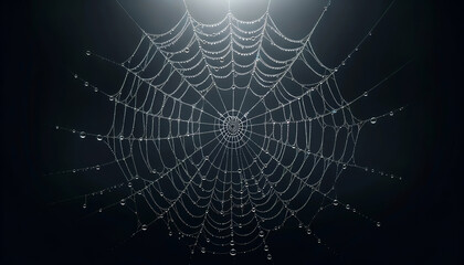 An intricate spider web covered with dew drops against a dark background.Natural background concept.AI generated.