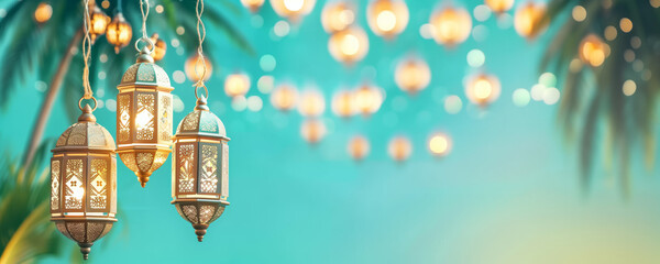 Ramadan mubarak background. Islamic golden shining lanterns on soft focus blue sky and tropical foliage. Festive Muslim holy month happy holidays greeting card, invitation or banner backdrop. 8k .