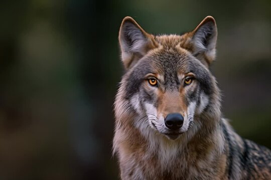 A vivid portrait of a wolf with intense eyes, showcasing its majestic presence against a blurred green background.