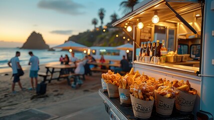 A gourmet food truck at a beachside location, handing out fish and chips in newspaper cones, Food...