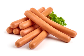 Boiled sausages with basil, isolated on white background.