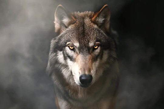 A mystical portrait of a wolf emerging from the shadows, with piercing eyes that captivate the viewer, set against a smoky background.
