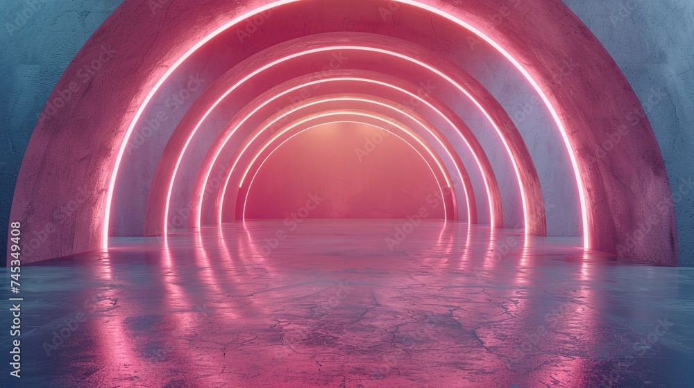 Poster visual concept of abstract futuristic arch architecture with neon light and empty concrete floor, 3d