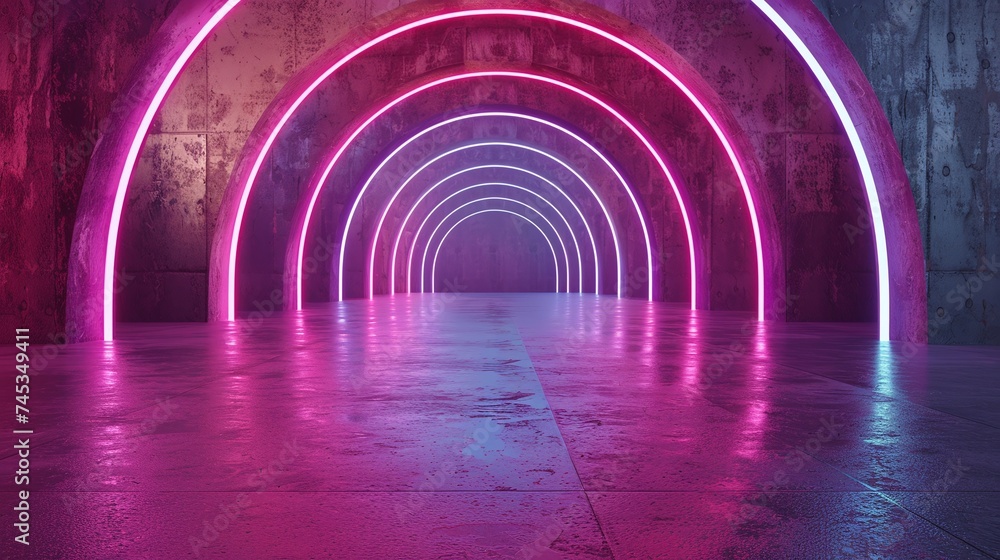 Aufkleber abstract futuristic arch architecture with neon light and empty concrete floor, 3d render portraying