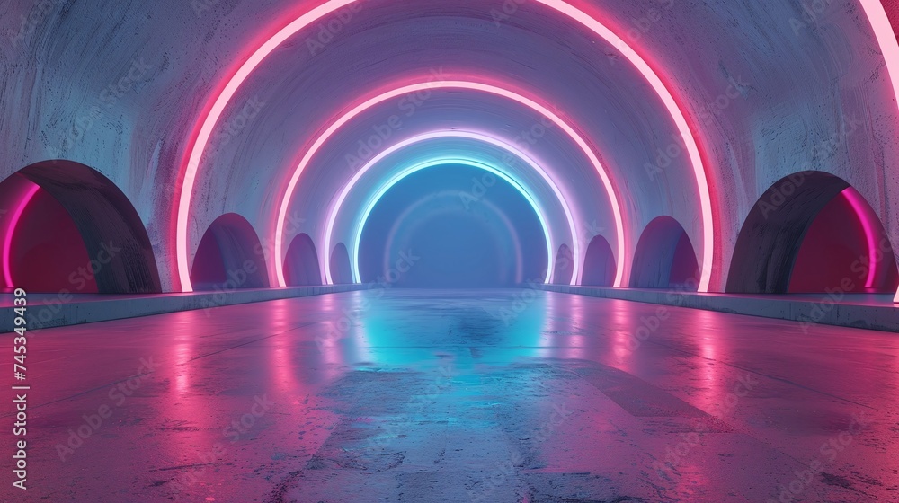 Poster digital technology in abstract futuristic arch architecture with neon light, empty concrete floor, 3
