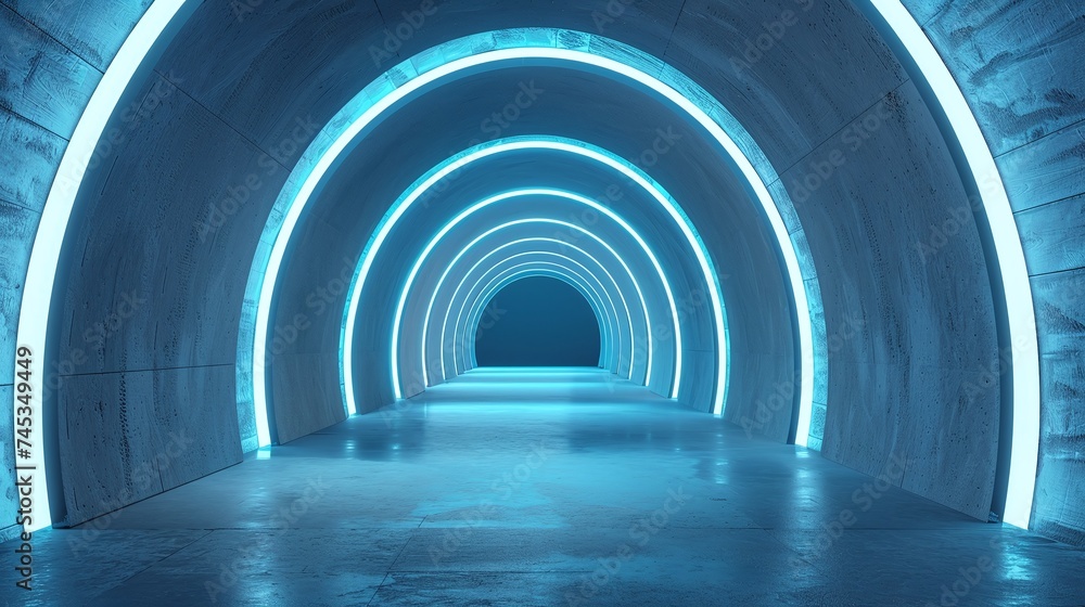 Poster abstract futuristic arch architecture with neon light and empty concrete floor, 3d render showcasing