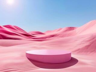 Elegant stage specifically crafted for the display of cosmetic products, offering a fitting background for brand presentation. Empty pink podium for cosmetics on sand dunes in the desert.