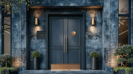 Rolgordijnen Chinese style villa entrance door, dark grey cement texture wall, warm tone, double door with door head. Generative AI. © visoot