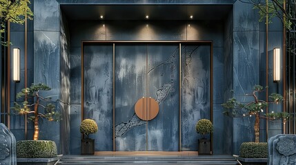 Chinese style villa entrance door, dark grey cement texture wall, warm tone, double door with door head. Generative AI.