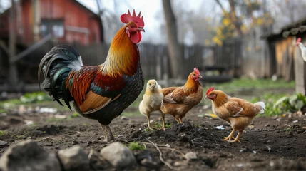 Foto auf Alu-Dibond Rooster and chicken family on the farm © Irina