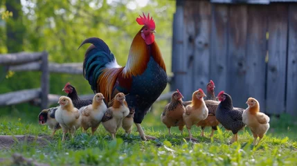 Fototapeten Rooster and chicken family on the farm © Irina