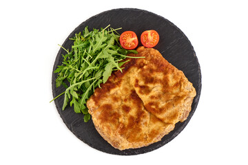 Fried pork schnitzels in breadcrumbs, isolated on white background.