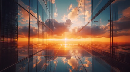Clouds and sunset reflect on the building's glass surface, blending urban architecture with natural phenomena