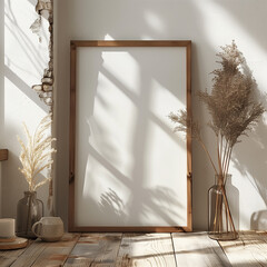 Realistic Empty Rectangle Frame Mockup in Birch Wood