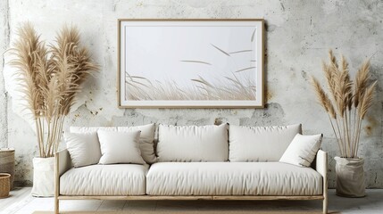 blank horizontal poster frame mockup in modern living room interior, stylish background with beige sofa and pampas grass, ideal for showcasing artwork or presentation templates
