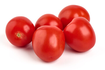 Ripe fresh tomatoes, close-up, isolated on white background.