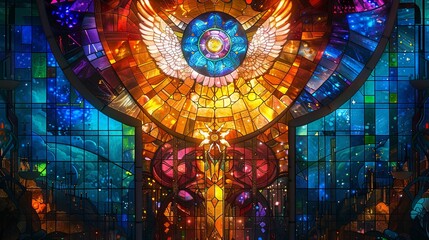 Stained glass window background with colorful abstract.
