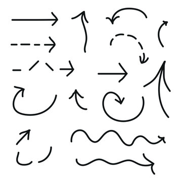 Large set of vector arrow icons. Hand drawn drawings of various curved lines, arrow curls. Direction signs on a white background.