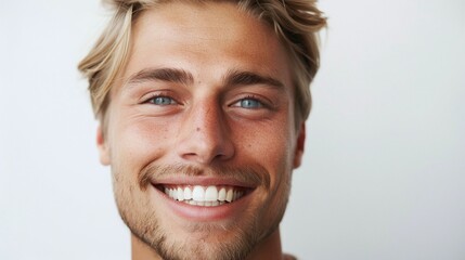 closeup photo portrait of a handsome scandinavian man smiling with clean teeth and fresh stylish hair for dental hygiene and confidence, isolated on white background - obrazy, fototapety, plakaty