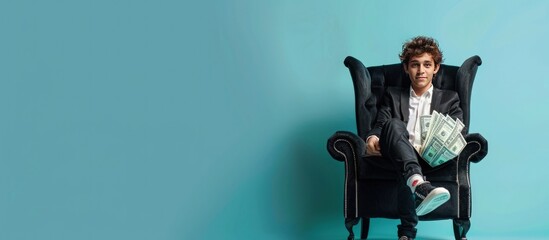 Portrait of a Billionaire boy sitting on a black chair holding paper dollar bills on a blue background. Copy space