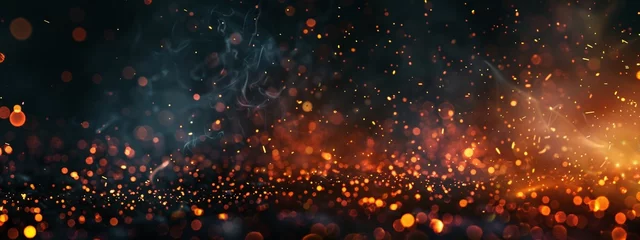 Gordijnen spooky halloween witch with fire embers particles over black background, creating a mystical and enchanting atmosphere with abstract dark glitter lights © CinimaticWorks