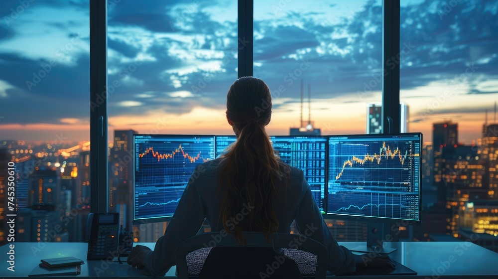 Poster A female stock option trader on a multi screen trading computer overviewing a skyline with blue sky. Generative AI.