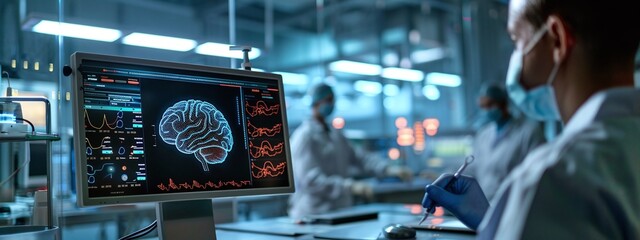 innovative technology in science and medicine concept: brain testing result on digital interface on laboratory or surgery background, showcasing modern healthcare advancements