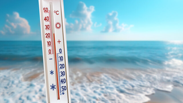 The thermometer against the background of the sea shows 25 degrees