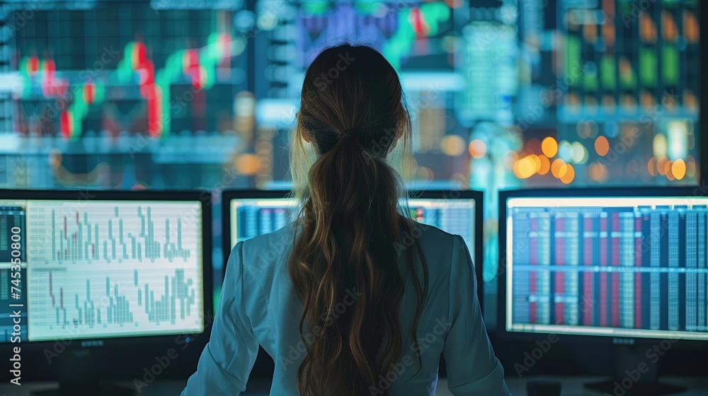Poster woman is working in front of multiple computer monitors displaying financial data in the office. gen