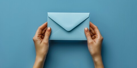 Hands holding an empty blue envelope symbolizing communication and invitation on a bright romantic blue background.