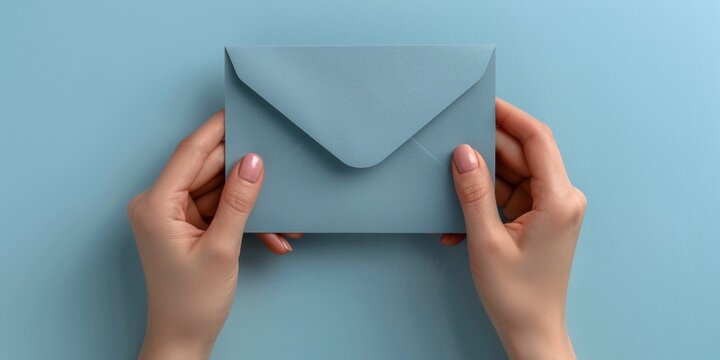 A Woman's Hands Hold An Empty Blue Envelope On A Blue Background, Symbolizing Communication And Correspondence.