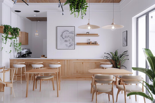 Interior design of cafe with wooden vintage style, decorated with warm and cozy tones, relaxing tones with classic old wood round corner counter and coffee machinery.