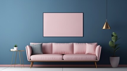 Minimal living room interior with poster frame on navy wall, house plant and large sofa. Luxury house interior concept.