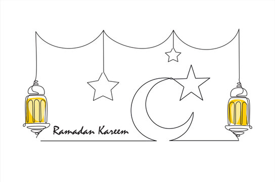Ramadan kareem in one continuous line drawing. Islamic decoration with lanter, star and moon in simple linear style. muslim religious holiday celebration. Doodle vector illustration
