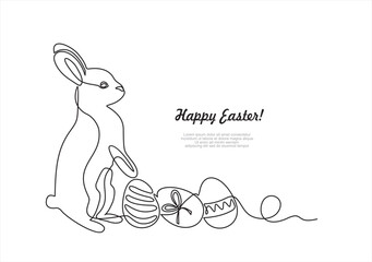 Continuous one-line drawing of Easter Bunny . Cute rabbit silhouette and eggs in  simple minimalistic style for spring design greeting card and web banner. Vector illustration. easter one-line art.
