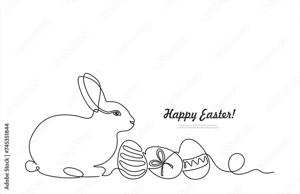 Aufkleber continuous one-line drawing of easter bunny . cute rabbit silhouette and eggs in simple minimalistic