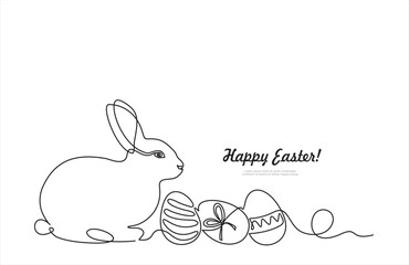 Continuous one-line drawing of Easter Bunny . Cute rabbit silhouette and eggs in  simple minimalistic style for spring design greeting card and web banner. Vector illustration. easter one-line art.