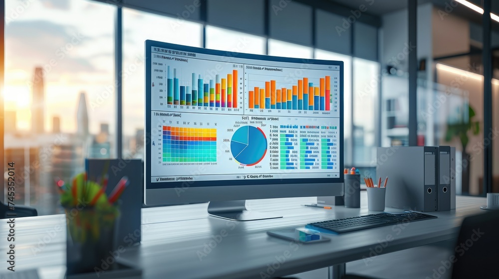 Poster A large digital monitor displaying various marketing data including website visitor numbers and advertising results in the form of graphs and charts in a modern office. Generative AI.