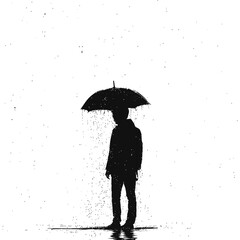 Silhouette boy with umbrella during drizzle black color only
