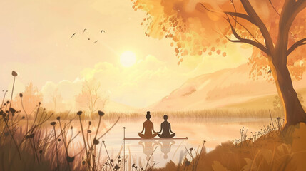 Sunset Yoga by the Lake, Two People Practicing Meditation in Watercolor - obrazy, fototapety, plakaty