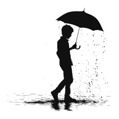 Silhouette boy or man with umbrella during drizzle black color only