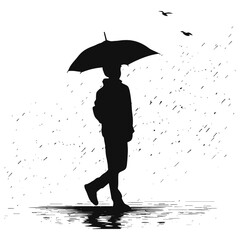 Silhouette boy or man with umbrella during drizzle black color only