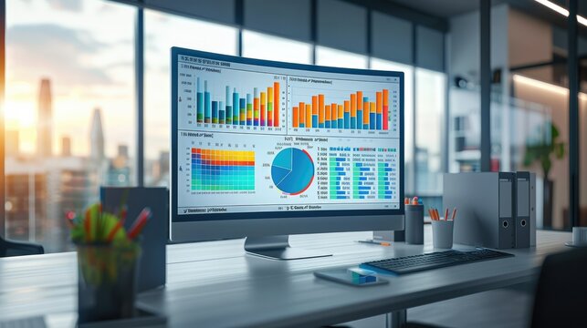 A large digital monitor displaying various marketing data including website visitor numbers and advertising results in the form of graphs and charts in a modern office. Generative AI.